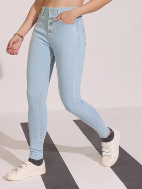 CHASEstretch? Women's Light Blue Skinny High Rise Distressed Ice Wash Regular Length Denim Jeans Non Bulk Casual Comfort Wear