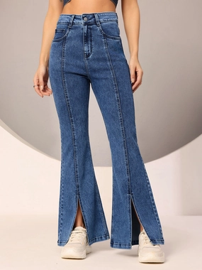 CHASEstretch? Women's Navy-Blue Bootcut High-Rise Clean-Look Regular-Length Stretchable Denim Bootcut Jeans Adaptive Stretch Fabric Modern Shopping Day