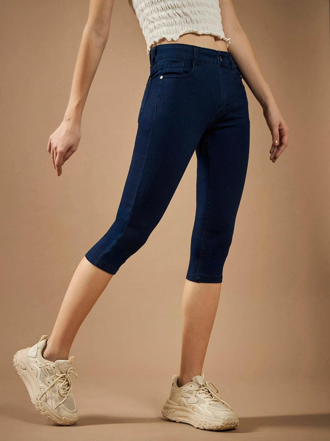CHASEstretch? Women's Navy-Blue Skinny-Fit High-Rise Cropped-Length Clean-Look Denim Stretchable Capri Jeans Eco Friendly Date Night Comfy Touch