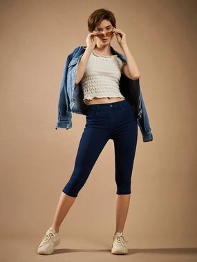 CHASEstretch? Women's Navy-Blue Skinny-Fit High-Rise Cropped-Length Clean-Look Denim Stretchable Capri Jeans Comfy Classic High Quality