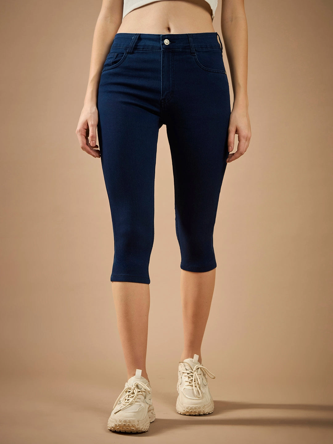 CHASEstretch? Women's Navy-Blue Skinny-Fit High-Rise Cropped-Length Clean-Look Denim Stretchable Capri Jeans Parent Style Family Style Spring Mood Bold Look