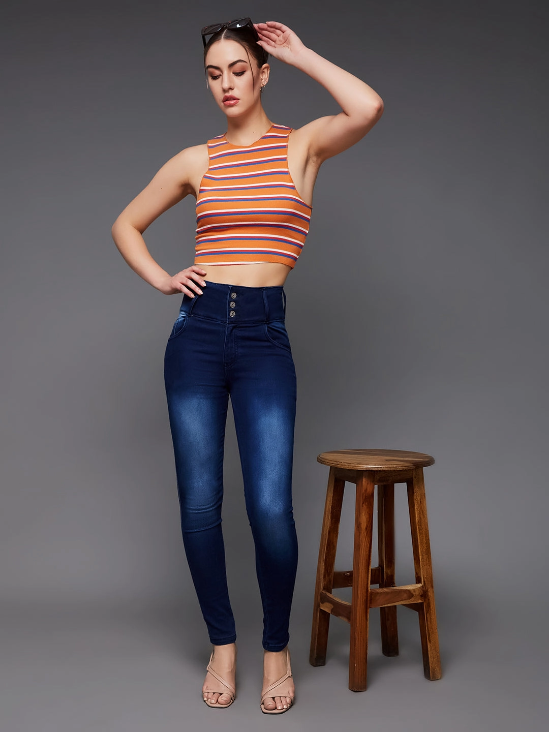 CHASEstretch? Women's Navy-Blue Skinny-Fit High-Rise Stretchable High-Rise Denim Jeans Modern Textured Premium Fit