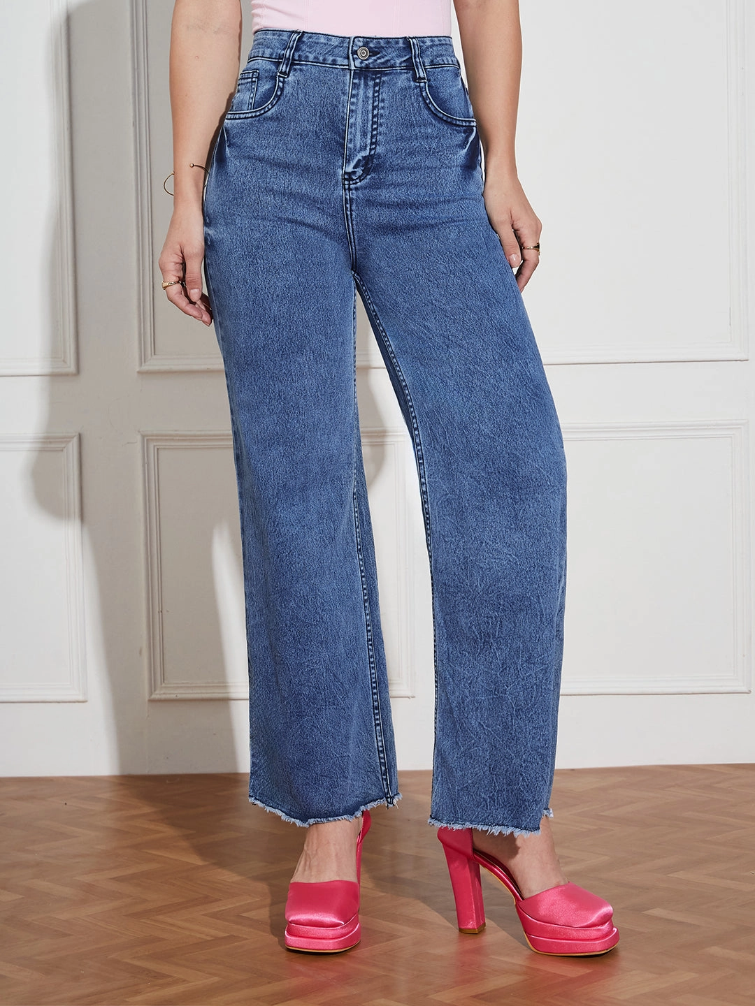 CHASEstretch? Women's Navy-Blue Wide Leg High-Rise Denim Jeans Weekender Wear Perfectly Fitted