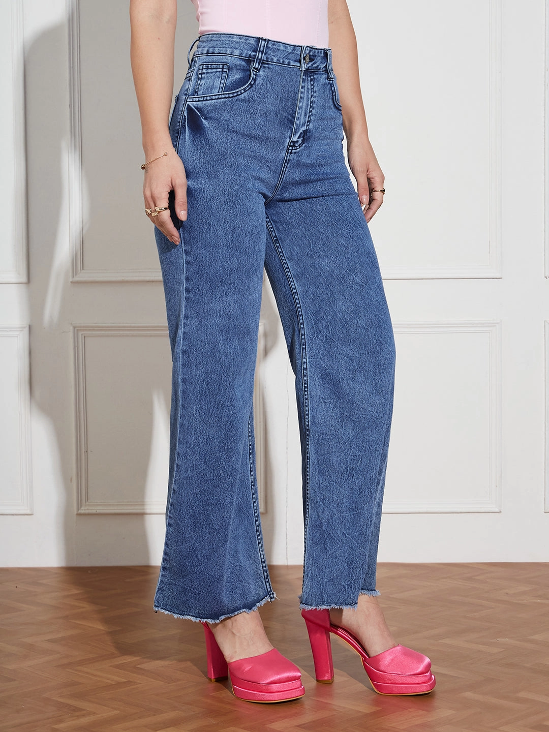 CHASEstretch? Women's Navy-Blue Wide Leg High-Rise Denim Jeans Student Outfit Work Ready Organic Cotton Material