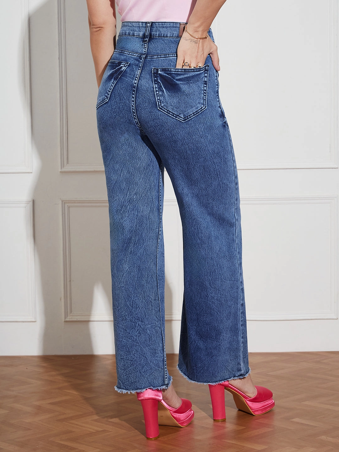 No Gap Waist Design CHASEstretch? Women's Navy-Blue Wide Leg High-Rise Denim Jeans