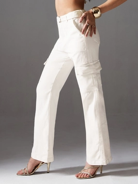 CHASEstretch? Women's White Wide-Leg High-Rise Cargo Denim Jeans Chill Friendly Simple Fashion