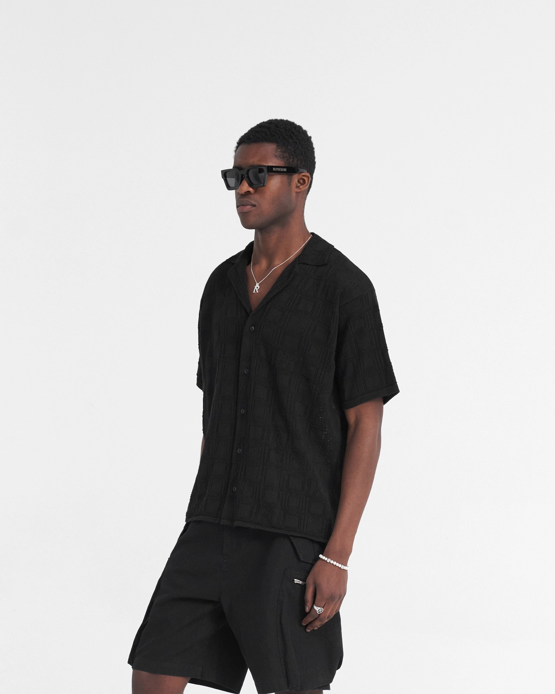 Patterned Texture Comfort Fit Lace Knit Shirt - Black