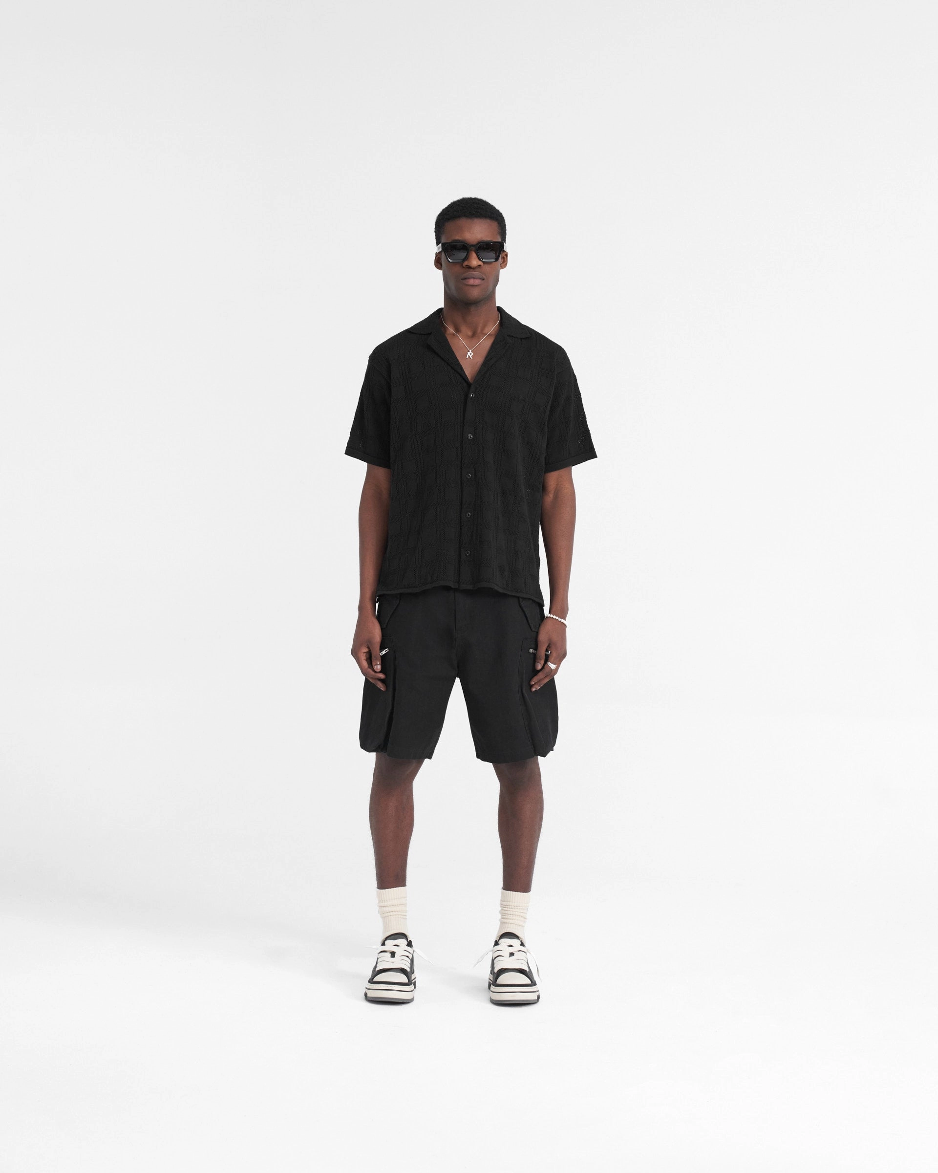 Creative Professional Ventilated Back Lace Knit Shirt - Black