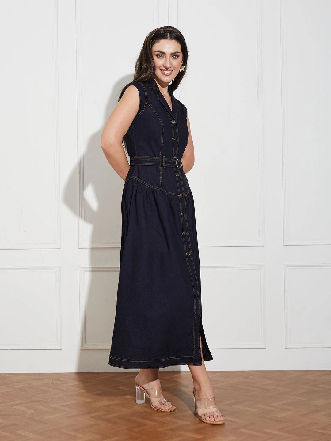 Women's Dark Blue Notched-Collar Sleeveless Solid Drop Waist Maxi-Length Light Weight Denim Shirt Dress Effortless Mood