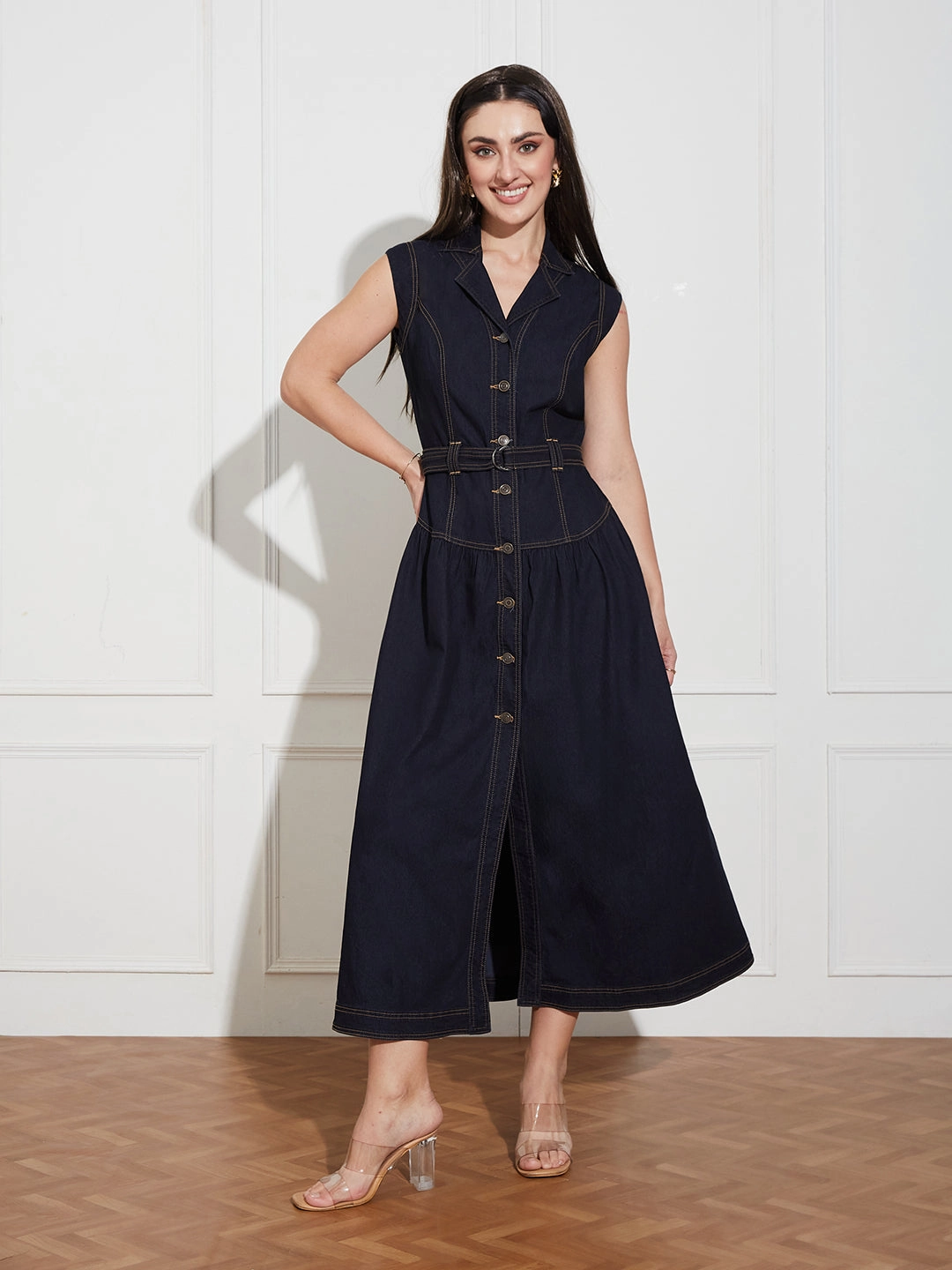 Midi-Length Women's Dark Blue Notched-Collar Sleeveless Solid Drop Waist Maxi-Length Light Weight Denim Shirt Dress