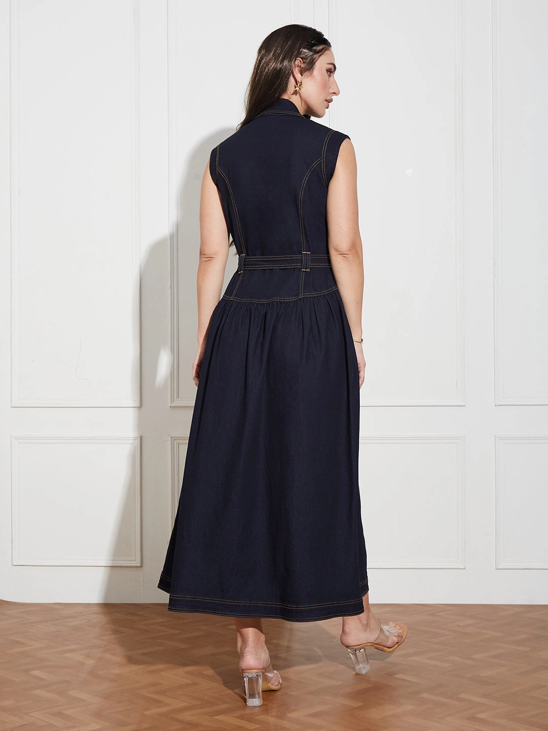 Sheer Look Women's Dark Blue Notched-Collar Sleeveless Solid Drop Waist Maxi-Length Light Weight Denim Shirt Dress