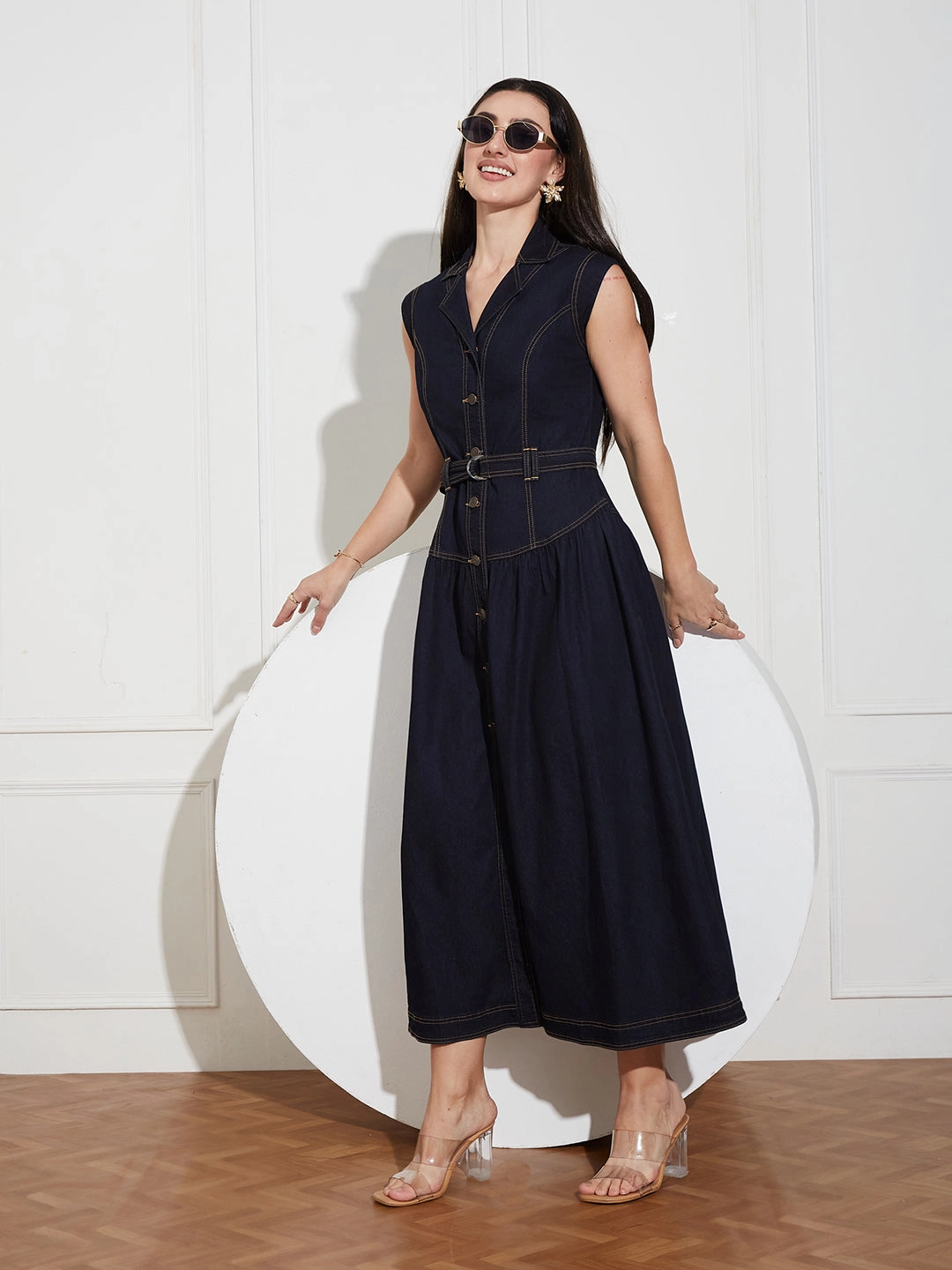 Women's Dark Blue Notched-Collar Sleeveless Solid Drop Waist Maxi-Length Light Weight Denim Shirt Dress Comfy Look