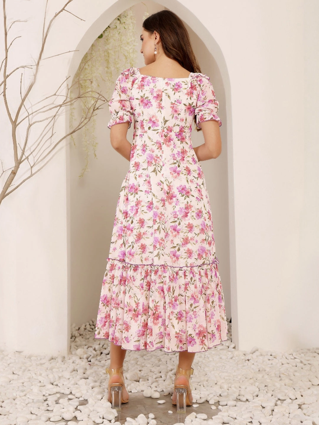 Women's Multicolored Base White Floral Sweet-heart Neck Puffed Sleeves Ruching/Tiered Georgette Maxi Dress V Neckline