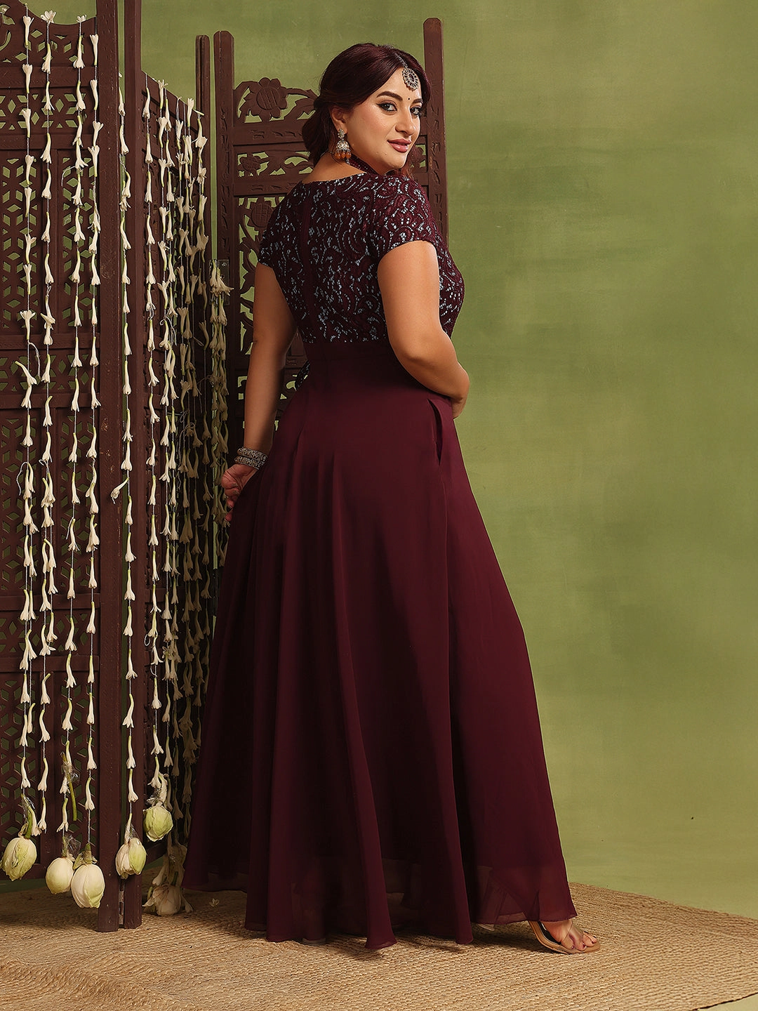 Women's Wine Colored V-Neck Short-Sleeved Self Designed Lace-Overlaid Maxi Georgette Dress Seasonal Comfort