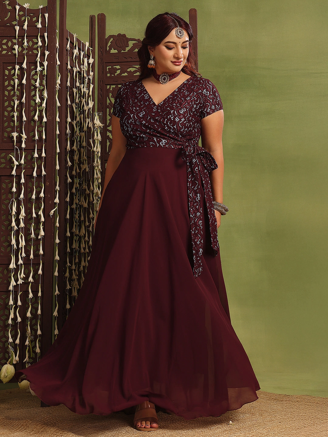 Versatile Layering Tailored Cut Women's Wine Colored V-Neck Short-Sleeved Self Designed Lace-Overlaid Maxi Georgette Dress