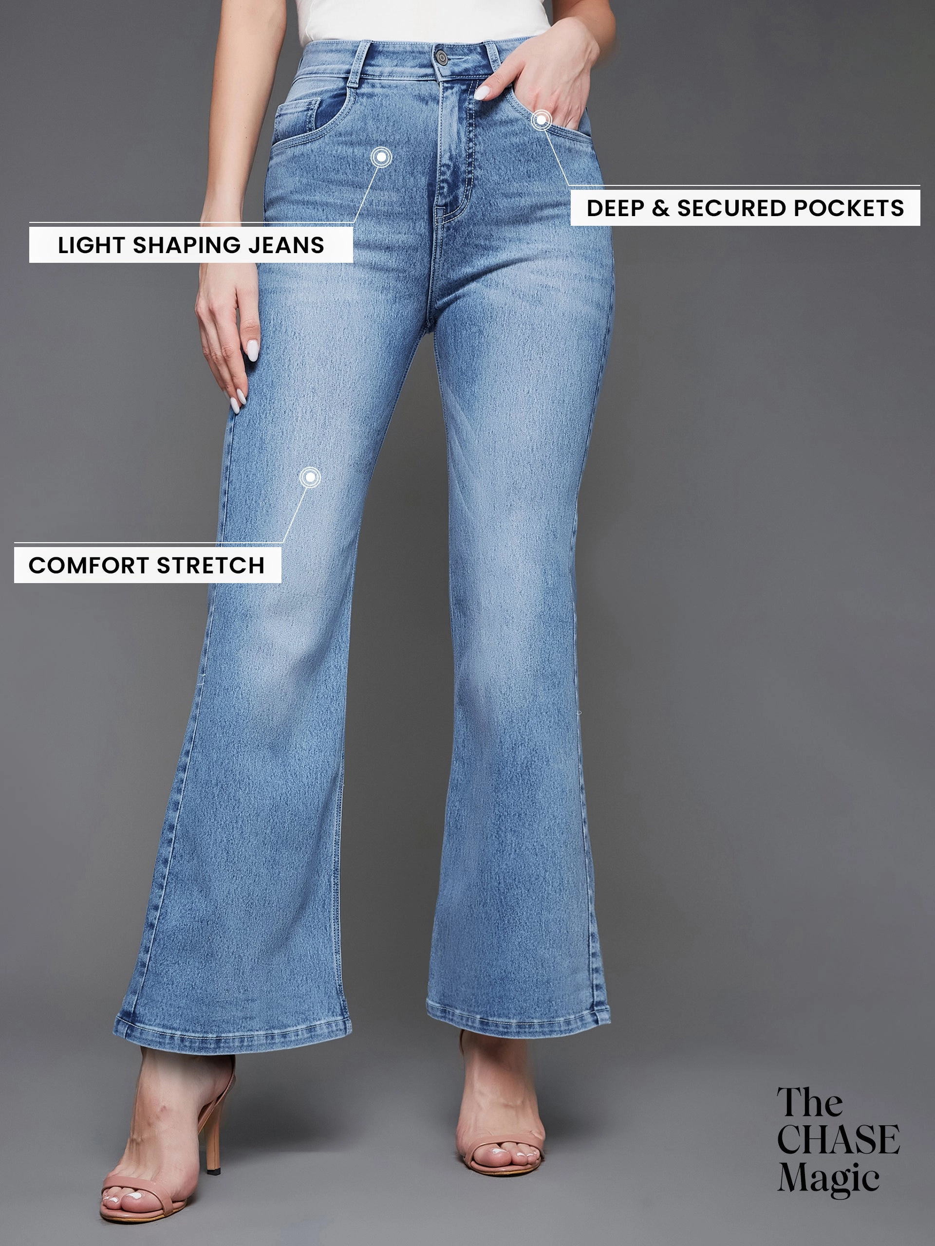 CHASEshape? Light-Blue Wide-Leg High-Rise Stretchable Denim Jeans Premium Material