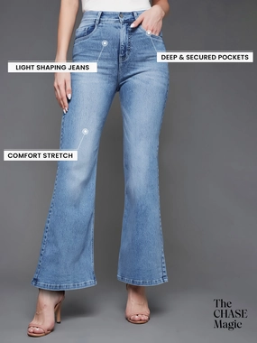 CHASEshape? Light-Blue Wide-Leg High-Rise Stretchable Denim Jeans Premium Material