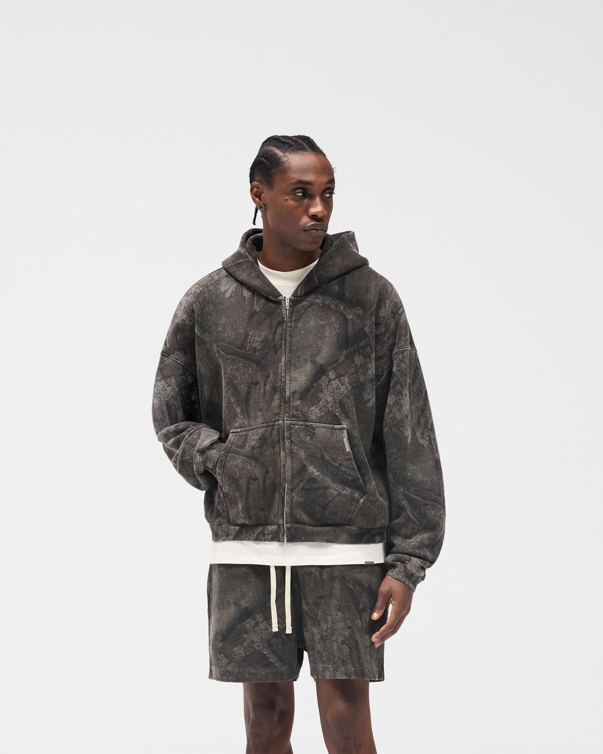 Gamer Aesthetic Initial Overdye Realtree? Boxy Zip Through Hoodie - Overdyed Black