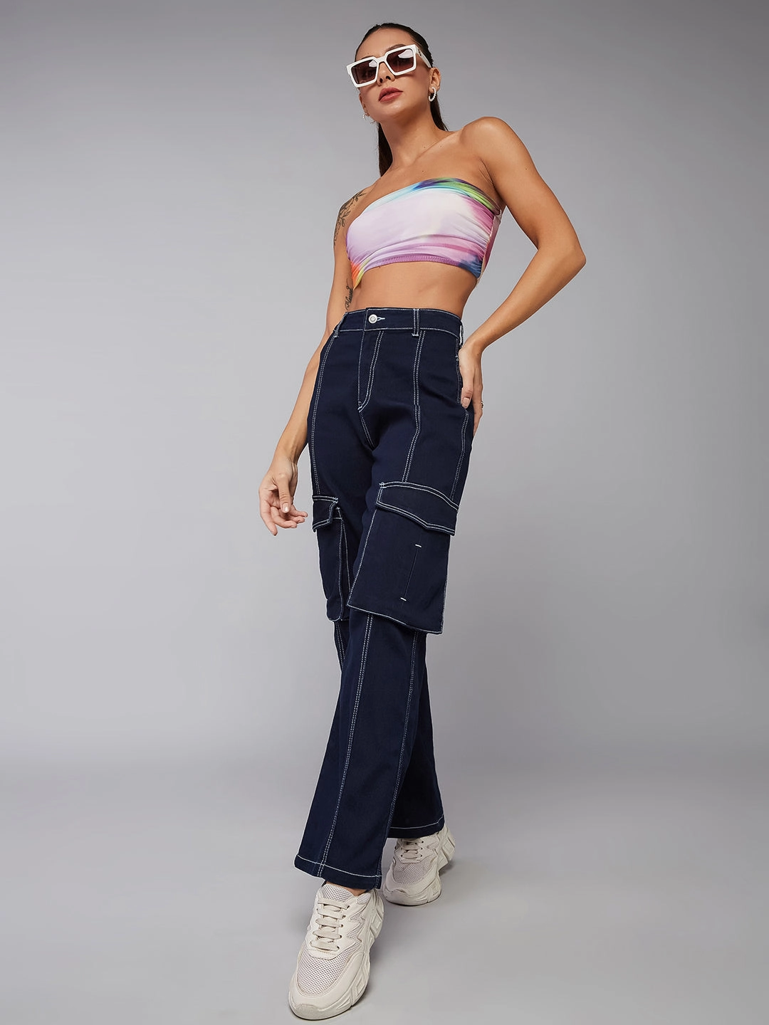 24/7 Comfort Navy-Blue Wide-Leg High-Rise Stretchable Denim Jeans Ready For All