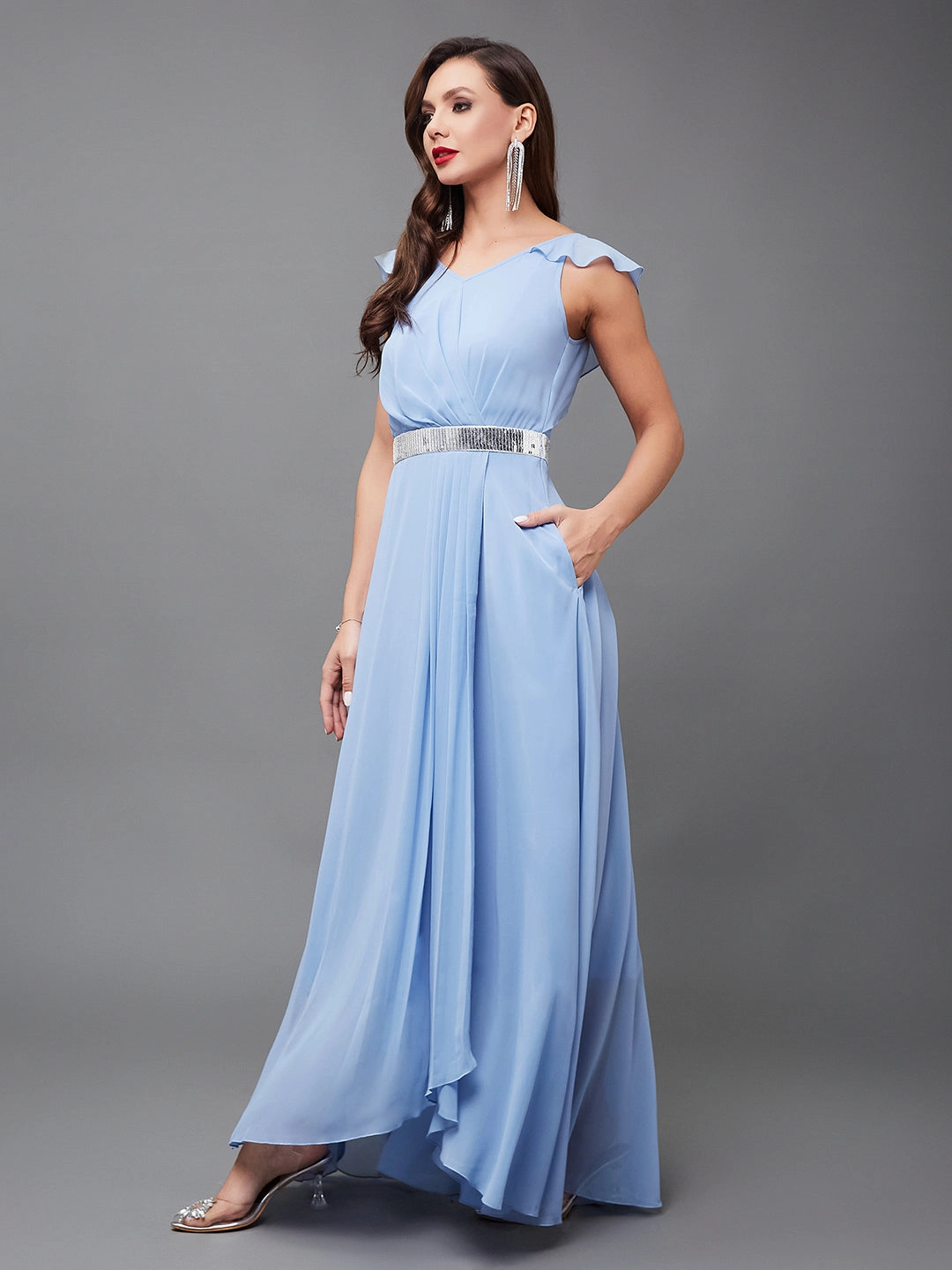 Women's Powder Blue V-Neck Ruffled Sleeve Solid Embellished Maxi Dress Tactile Feel Muted Tones