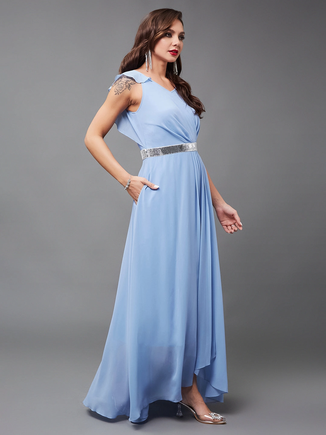Feminine Tailoring Subtle Fit Women's Powder Blue V-Neck Ruffled Sleeve Solid Embellished Maxi Dress