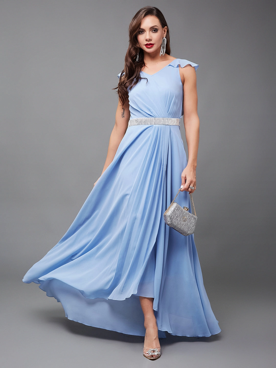 Minimalist Waist Effortless Layering Women's Powder Blue V-Neck Ruffled Sleeve Solid Embellished Maxi Dress