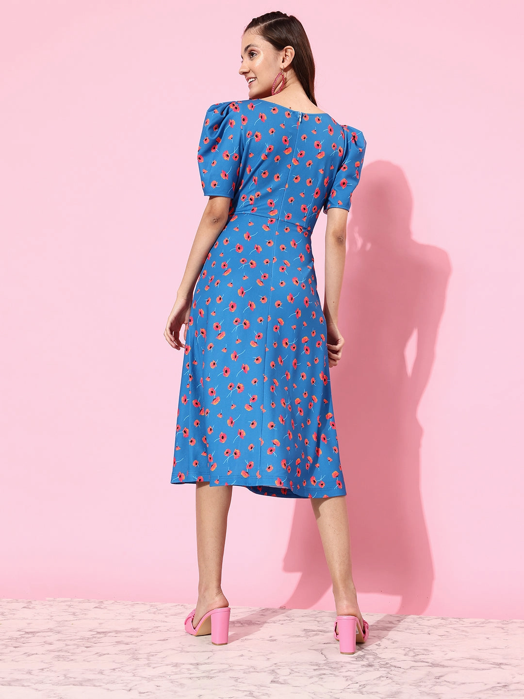 Year Round London Edge Crease Ease Women's Multicolored-Base-Blue V-Neck Pleated Puff Sleeve Floral Patterned Wrap Midi Polyester Dress