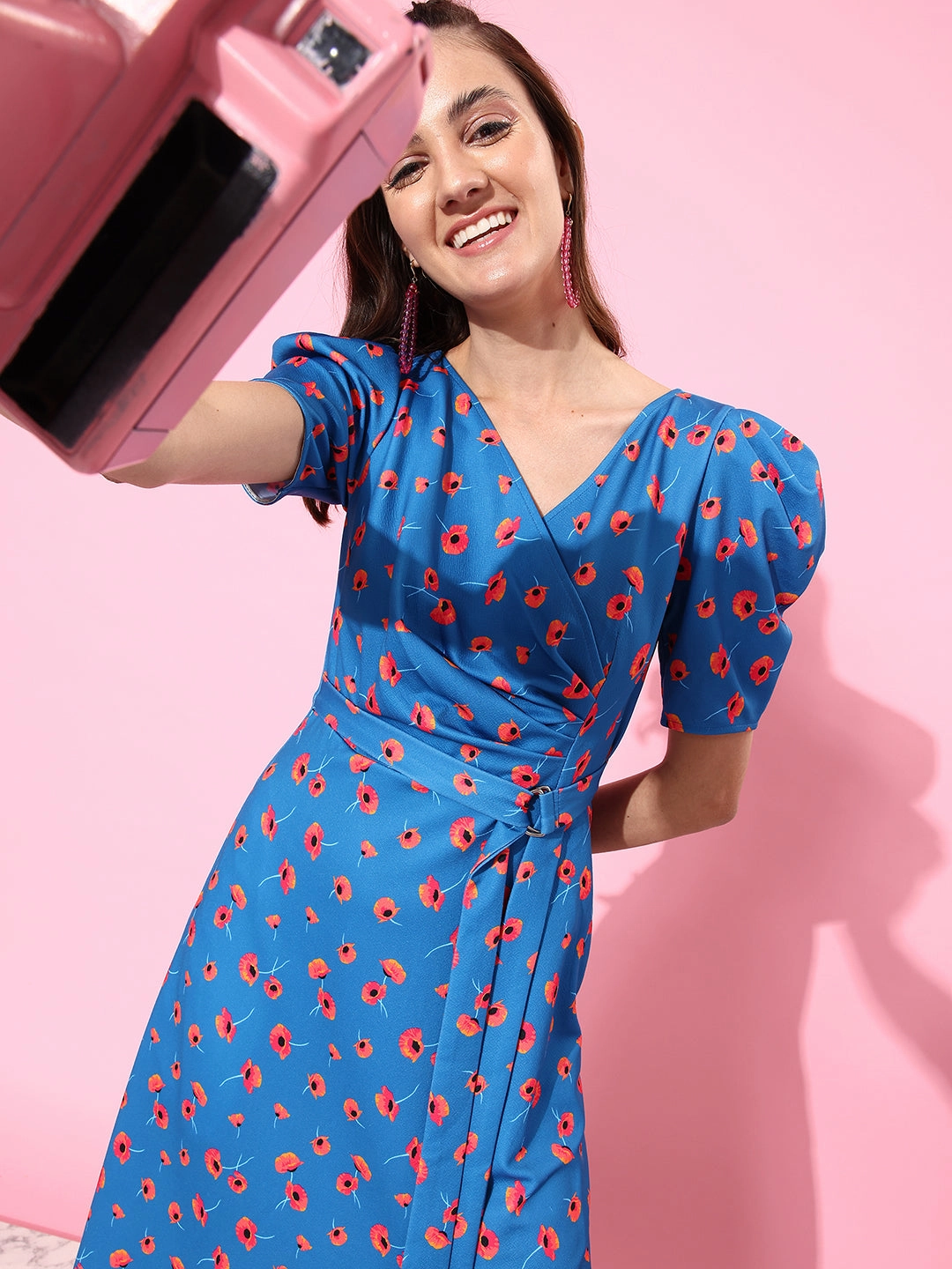 Crease Ease Women's Multicolored-Base-Blue V-Neck Pleated Puff Sleeve Floral Patterned Wrap Midi Polyester Dress Versatile Wear Cool Layers