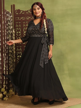 Event Glow Women's Black Self-Designed Relaxed-Fit V-Neck 3/4th Sleeve Georgette And Lace Maxi Dress