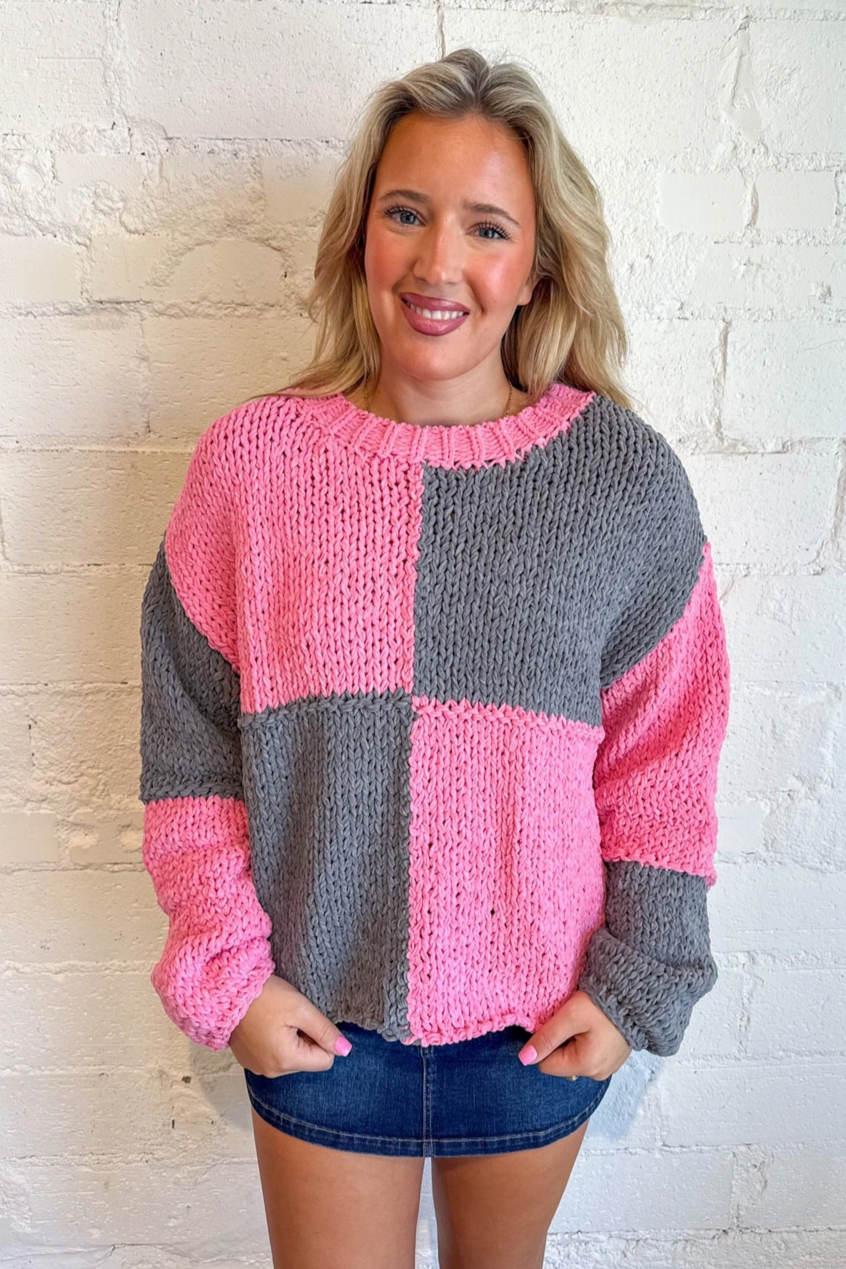 Chunky Knit Colorblock Sweater Stretch Waistband Design Microfiber Blend