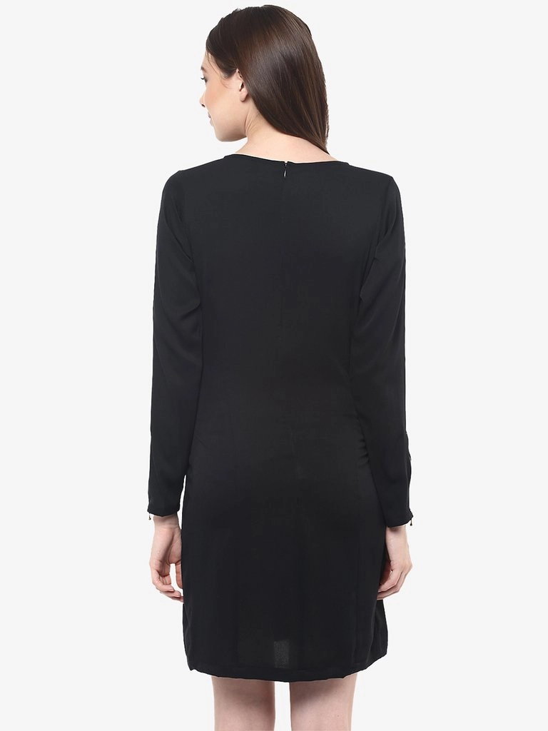 BreathableLining Nature Inspired Women's Black Full sleeve Round Neck Solid Shift Mini Dress