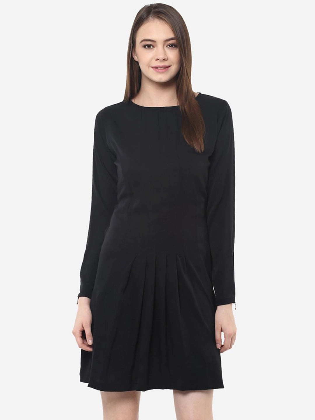 Women's Black Full sleeve Round Neck Solid Shift Mini Dress Built-In-Slip