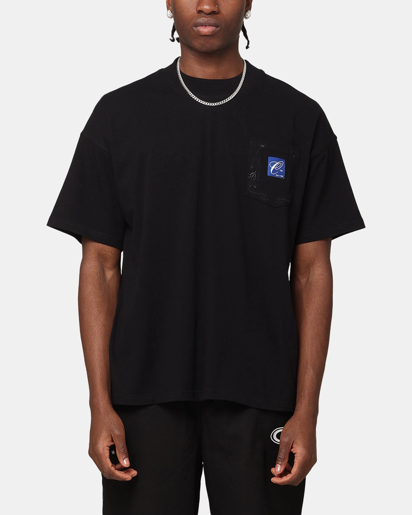 Carre Floral Pocket Oversized T-Shirt Black Bamboo Fiber Fabric