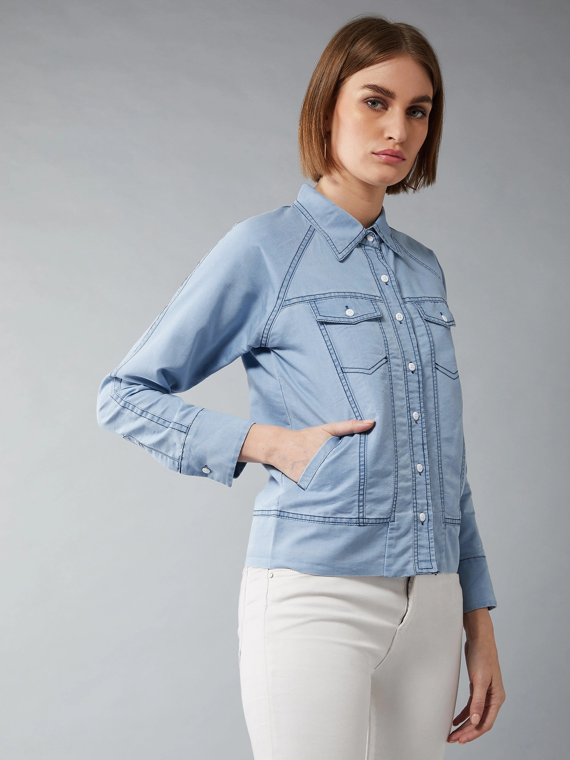 Quilted Insulation Women's Light Blue Polo Neck Full Sleeves Flap Detailing Denim Solid Regular Length Bomber Jacket