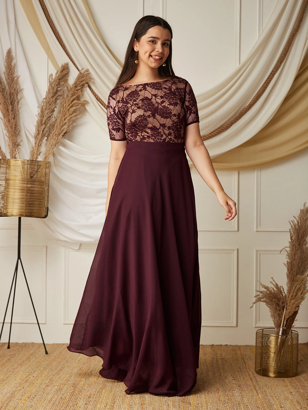 All-Day Comfort Wear Comfort and Elegance Wine & Beige Relaxed Fit  Georgette Maxi Dress