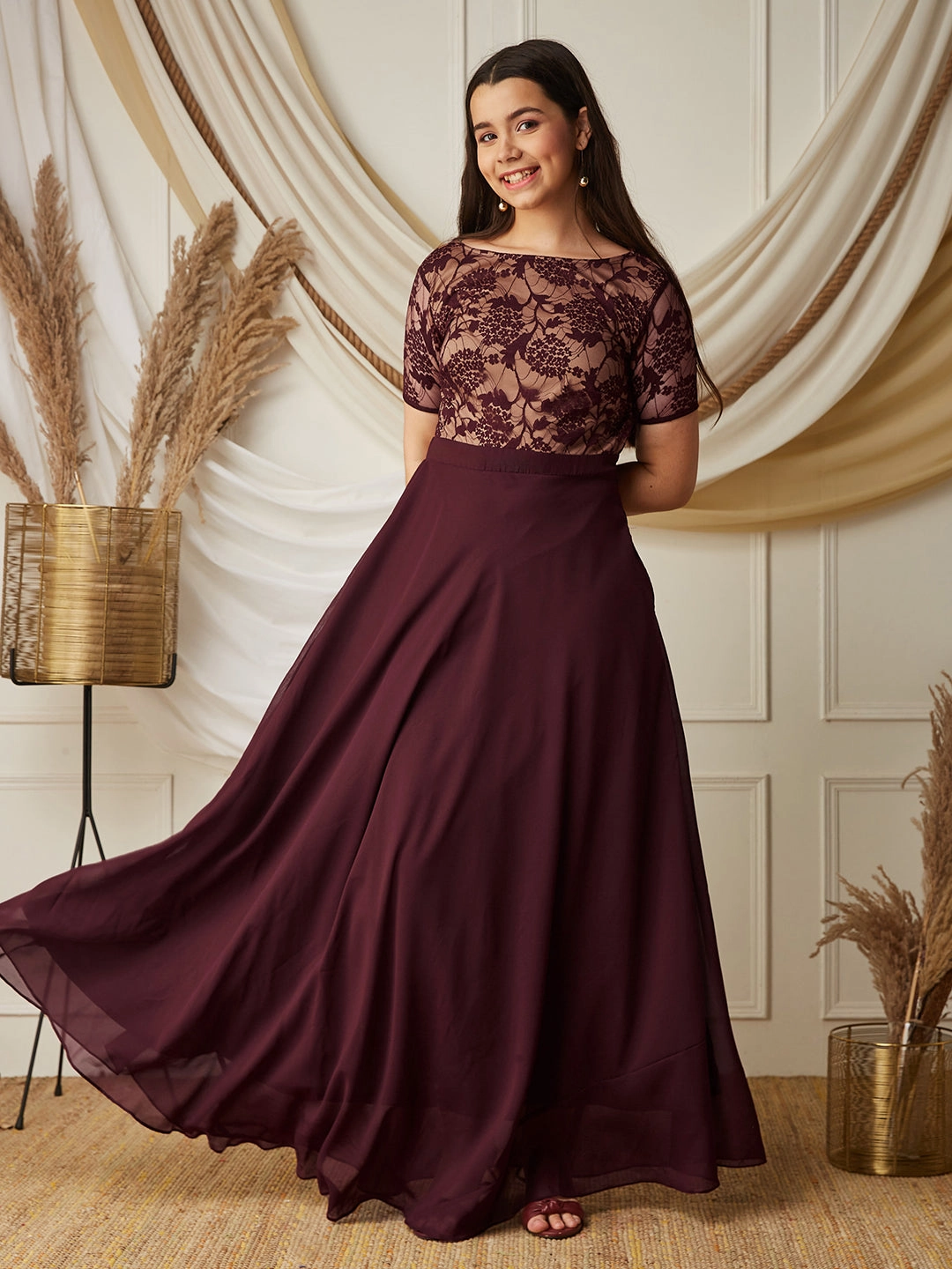 Street Edge Wine & Beige Relaxed Fit  Georgette Maxi Dress