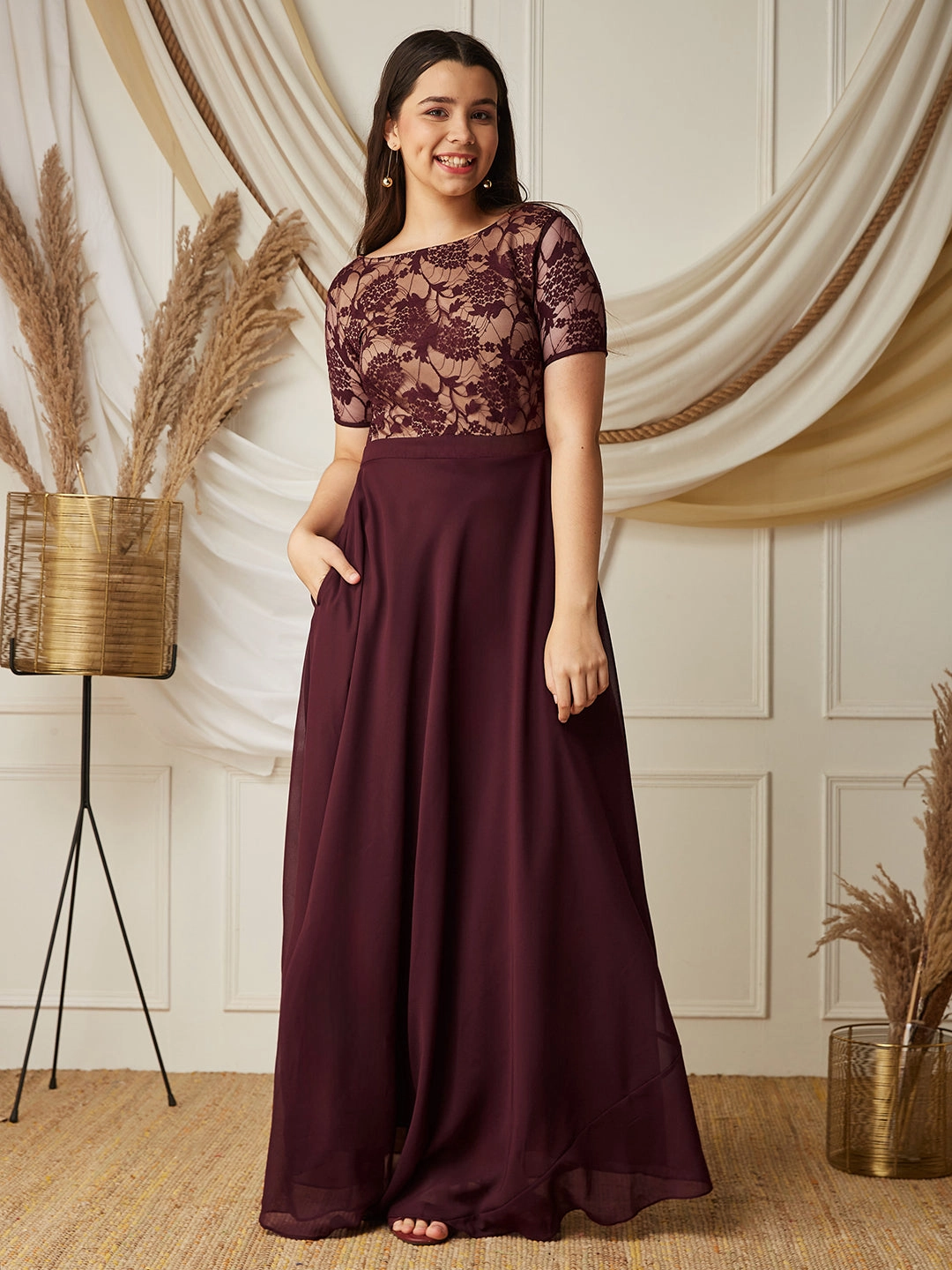Wine & Beige Relaxed Fit  Georgette Maxi Dress Nature Glow Chic Mom