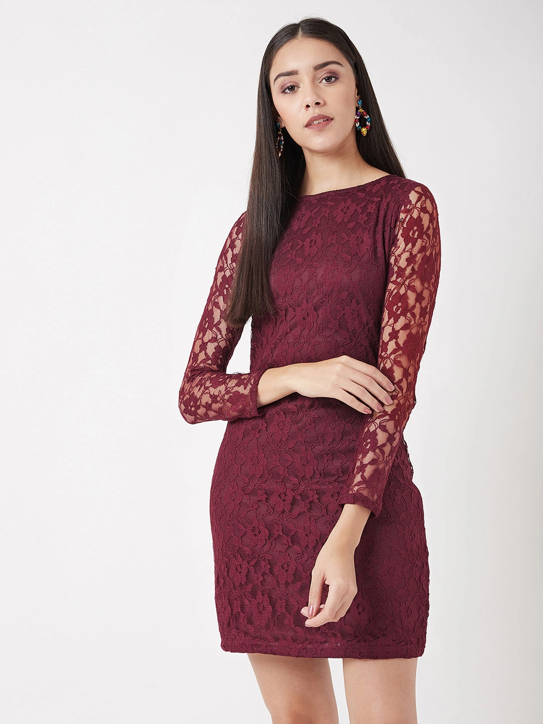 Women's Maroon Round Neck Full Sleeves Bodycon Dress Vibrant Light PlushLining