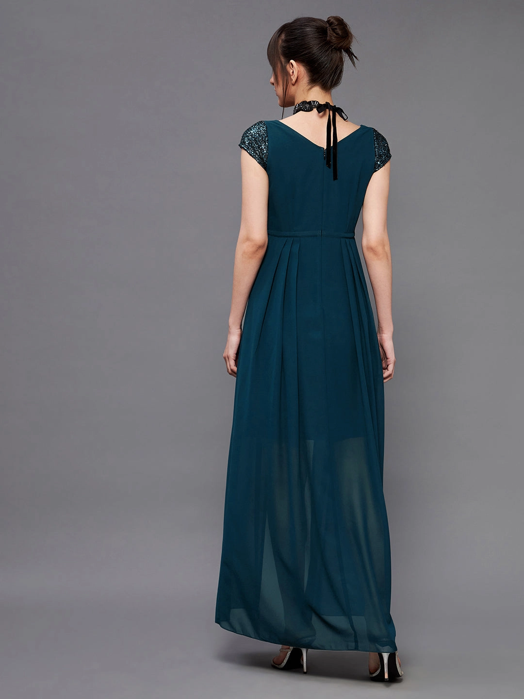 Fresh Motion Women's Teal Square Neck Short Sleeve Sequined Layered Party Maxi Dress