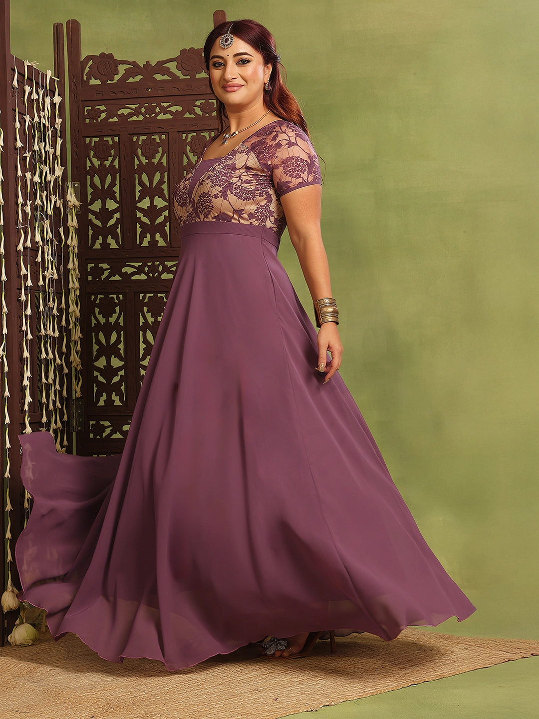 Sophisticated cocktail dress Women's Mauve Square-Neck Raglan-Sleeve Self-Designed Flared Georgette Maxi Dress