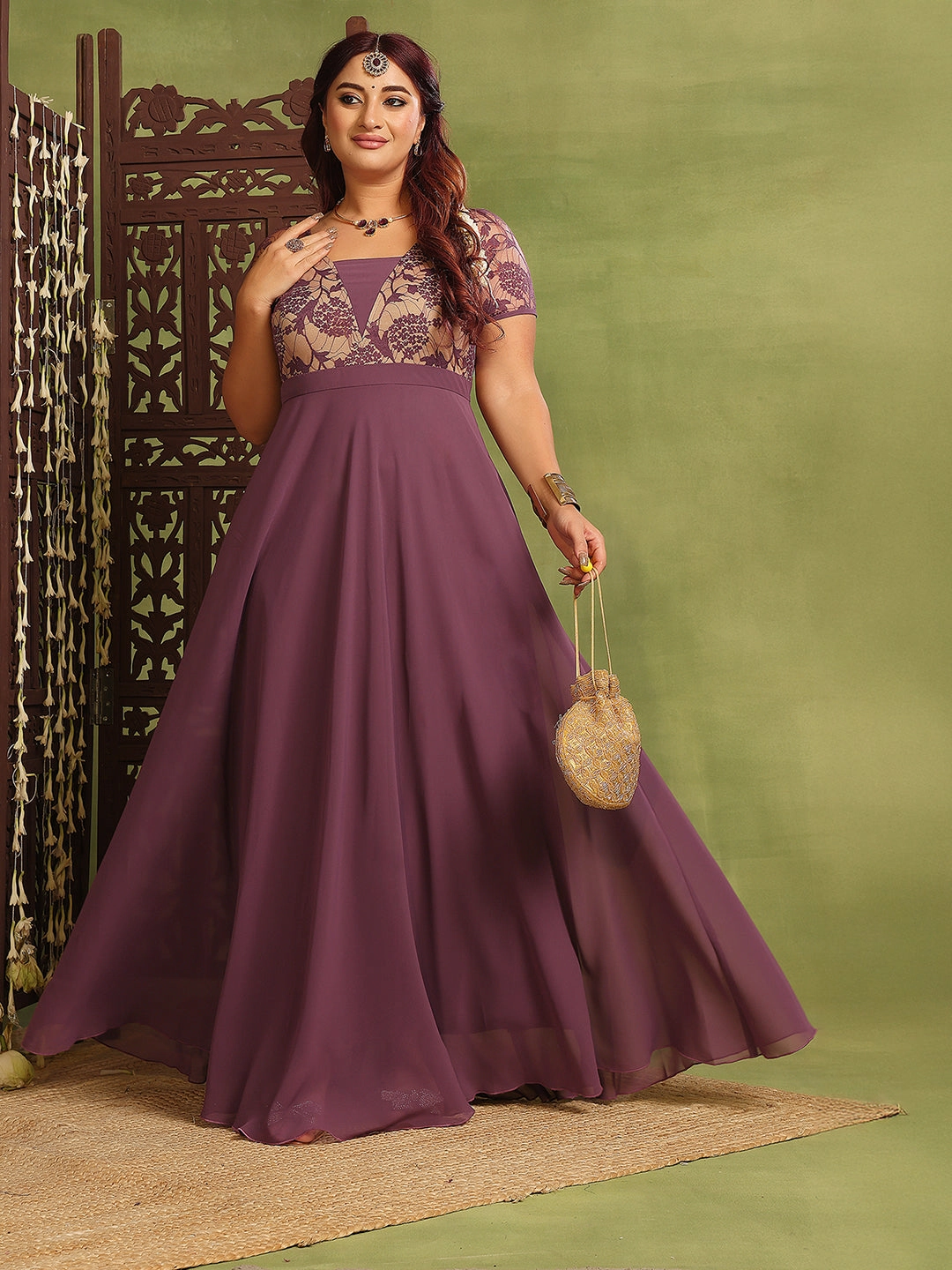 Women's Mauve Square-Neck Raglan-Sleeve Self-Designed Flared Georgette Maxi Dress Patterned-Fabric
