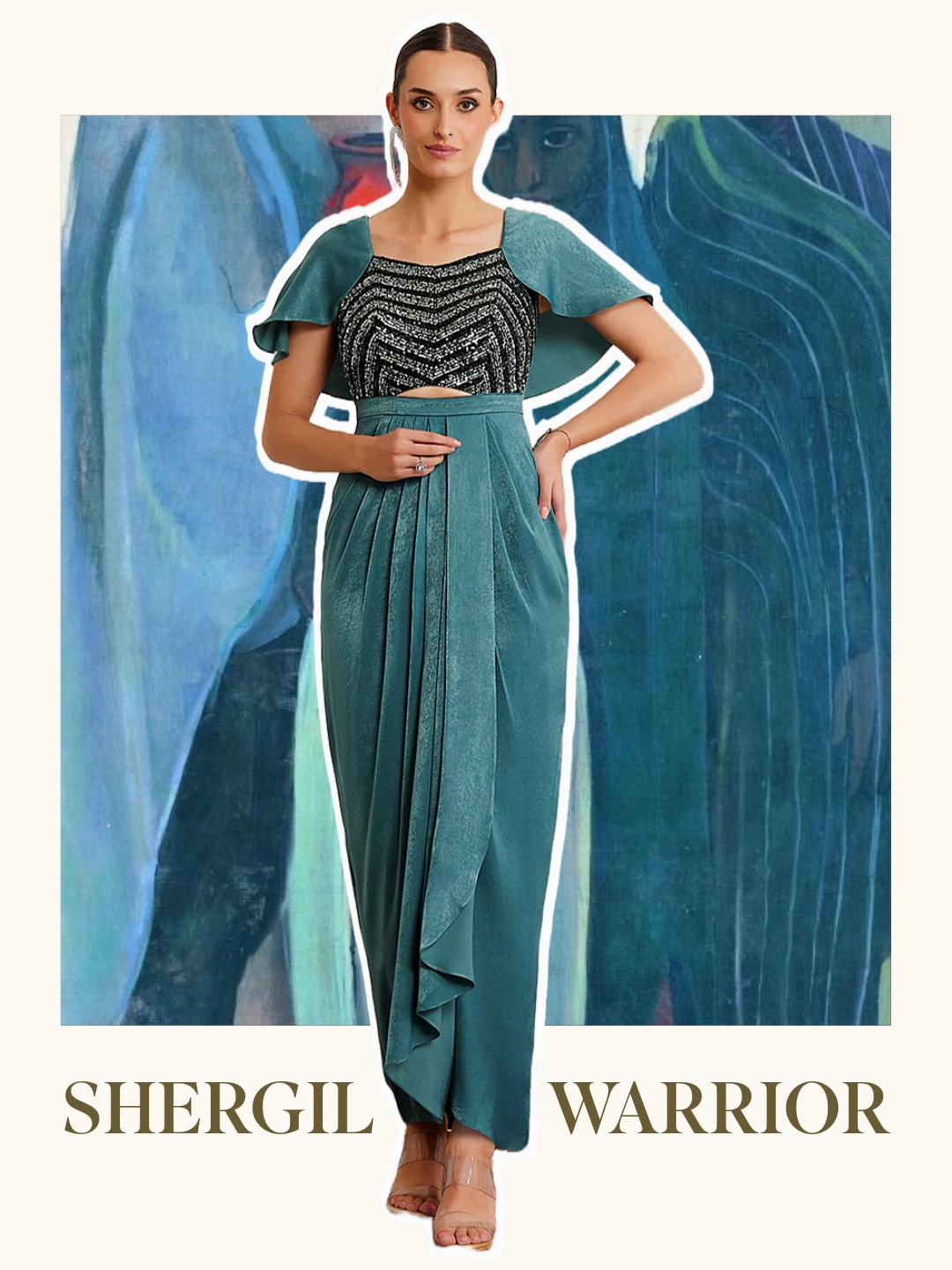 Empire Waist Shergil Warrior Teal Embellished Satin Maxi Dress