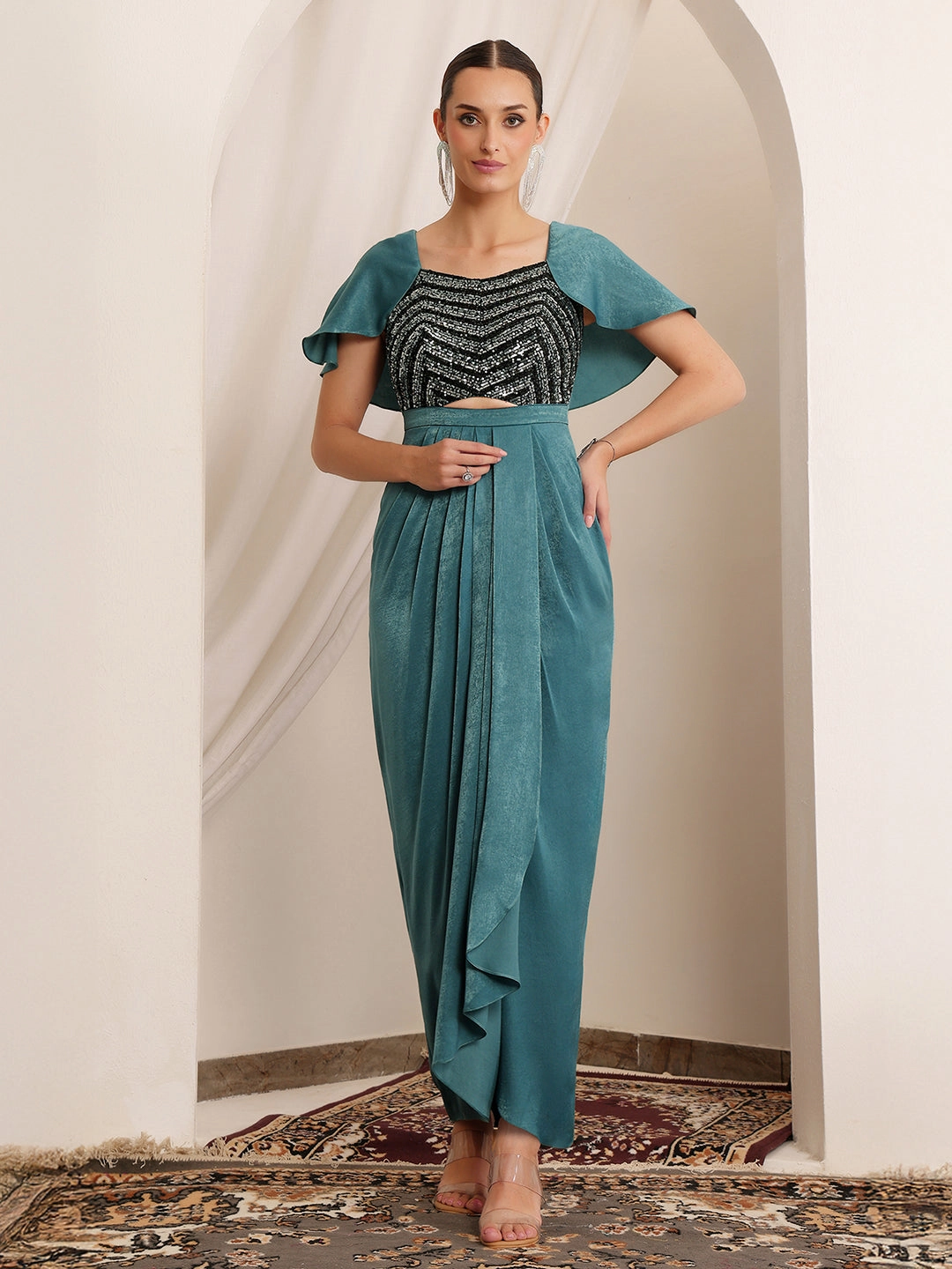 Soft Lines breathable fabric dress Shergil Warrior Teal Embellished Satin Maxi Dress