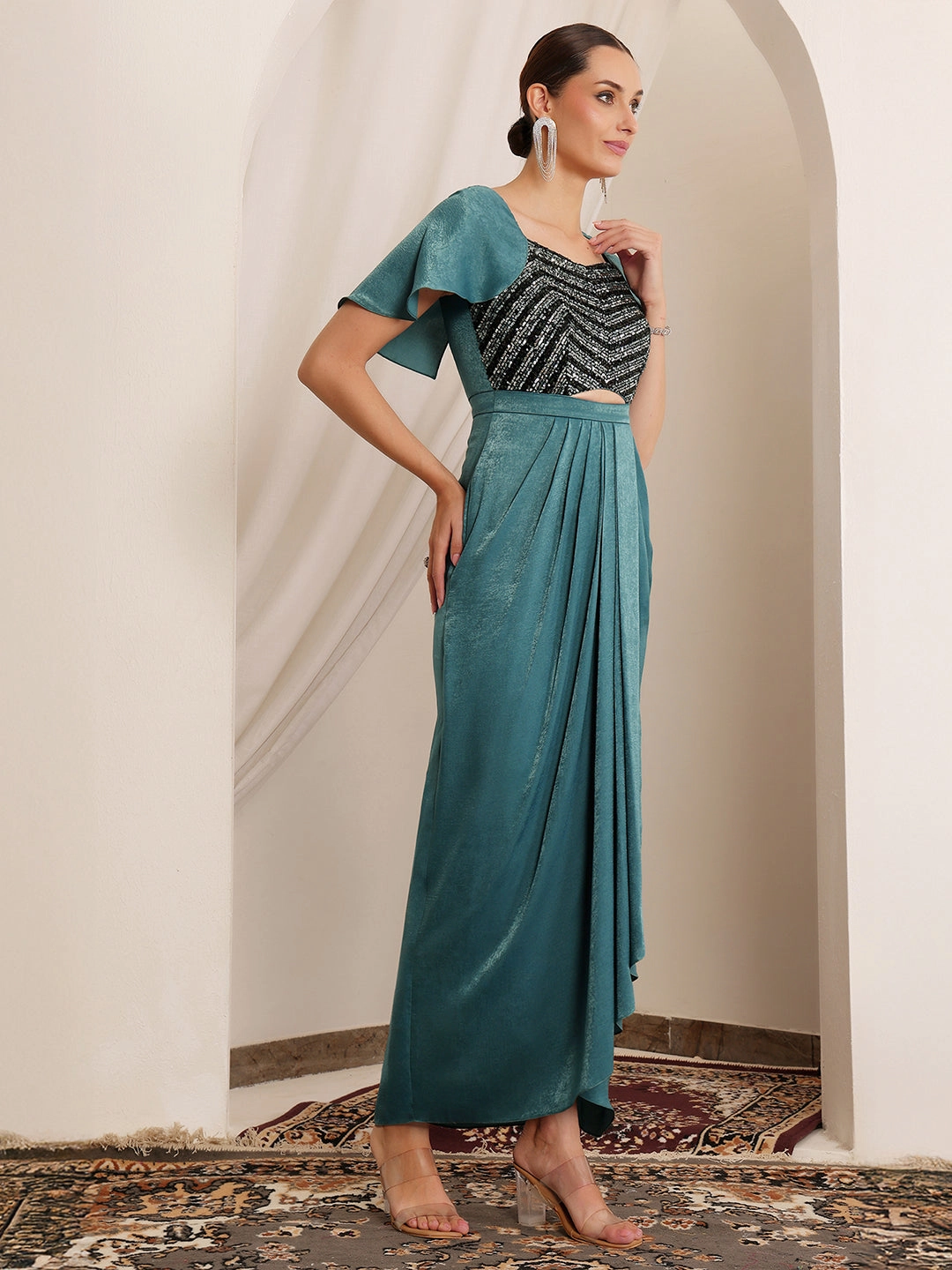 Shergil Warrior Teal Embellished Satin Maxi Dress Flattering Waist Design Stylish Waistband Fit