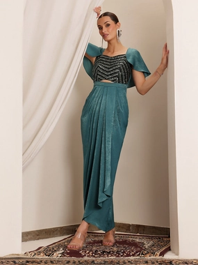 Sleek Fit Romantic-Detail Shergil Warrior Teal Embellished Satin Maxi Dress
