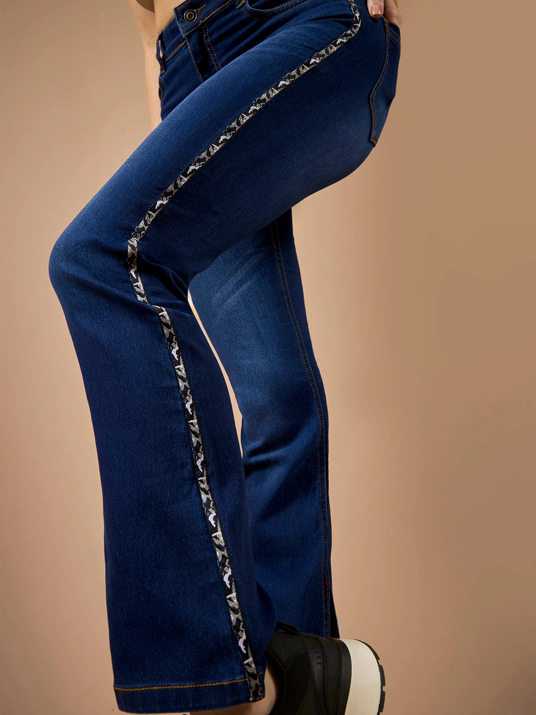 Women's Blue Cotton Bootcut Fit & Flared Mid-Rise Stretchable Denim Jeans Minimalist Style Holiday Vibes Weekend Warrior Sleek Waist Design