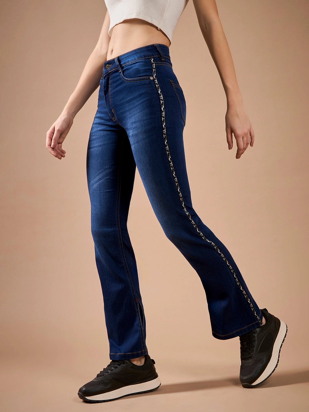 Women's Blue Cotton Bootcut Fit & Flared Mid-Rise Stretchable Denim Jeans Distressed Detailing