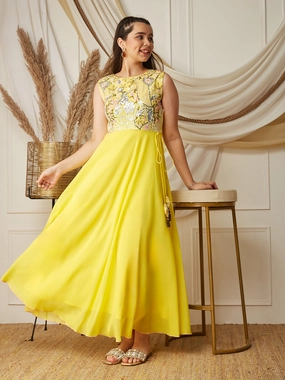 Flow Ready Relaxed Waist Fit Multicolored-Base-Light Yellow Round-Neck Sleeveless Embellished Flared Polyester Maxi Dress