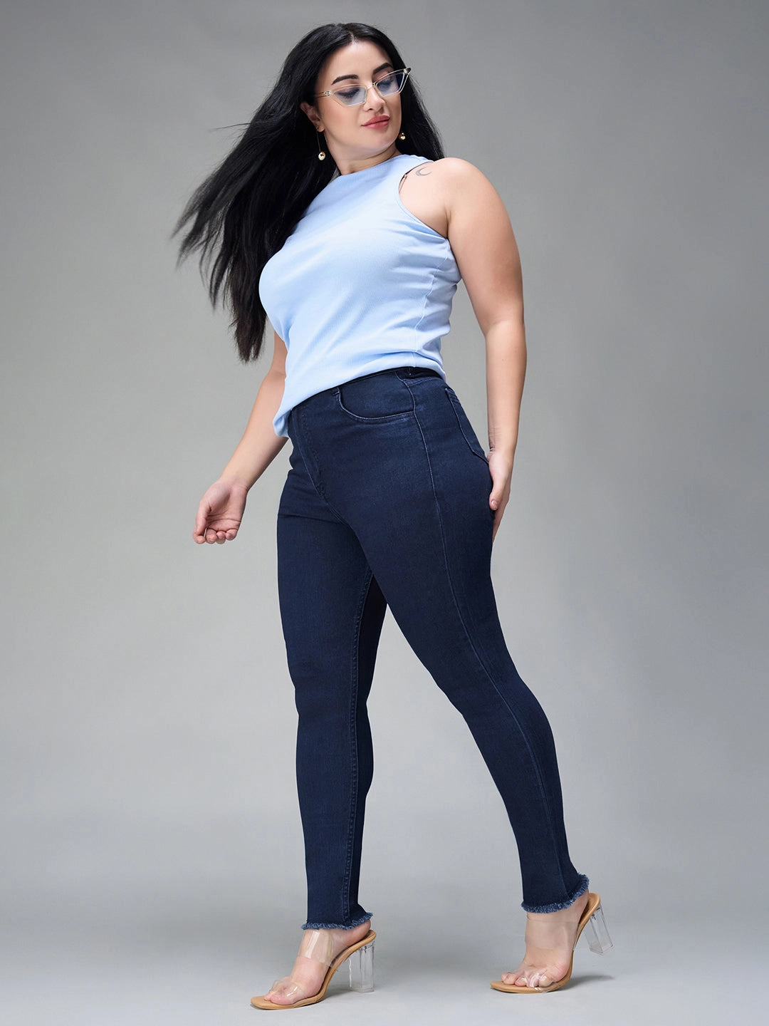 24/7 Comfort Navy-Blue Skinny High-Rise Cropped Fringed Hemline Stretchable Denim Jeans Fit For Life