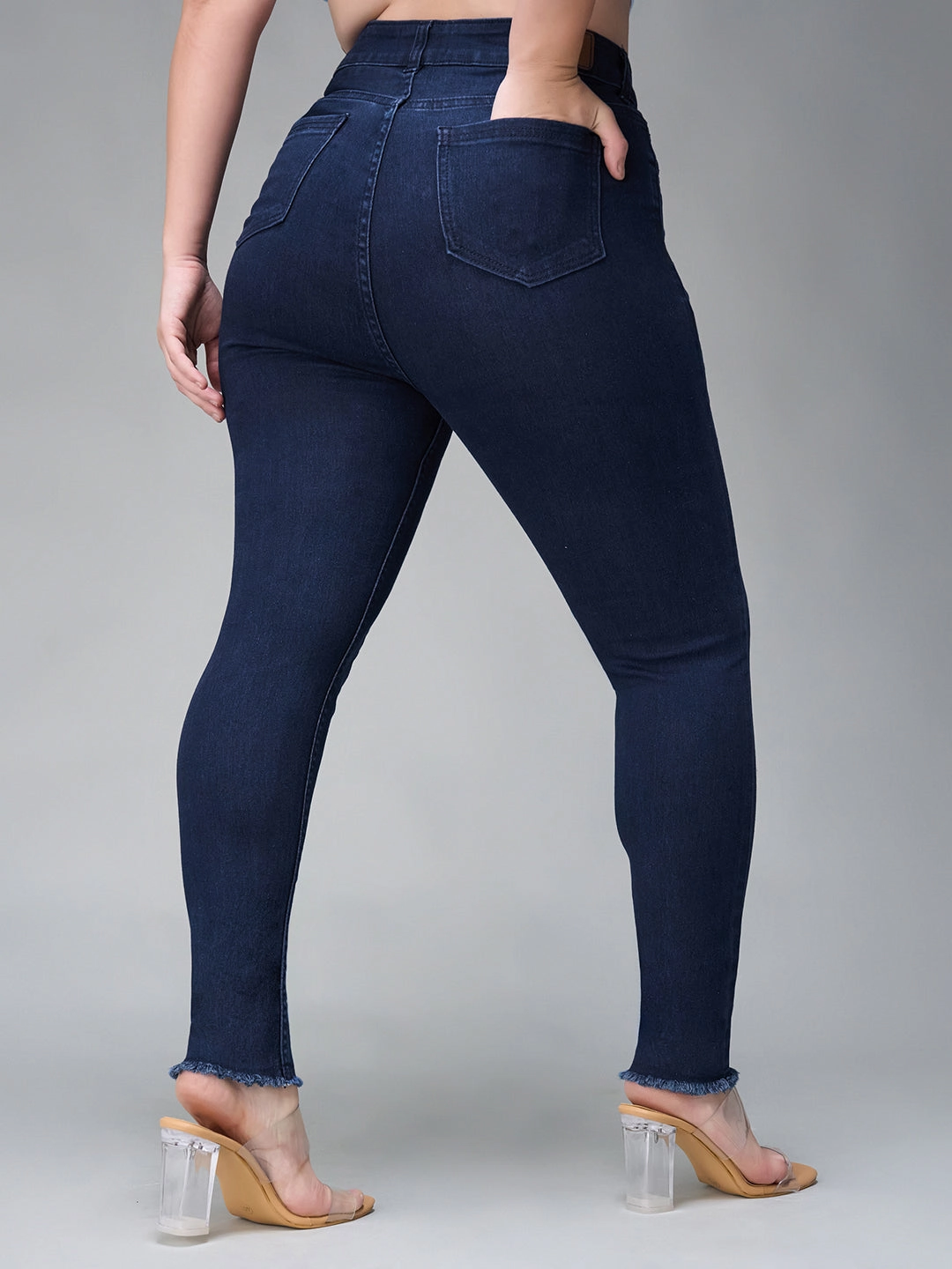 Eco Friendly Dye Process Smooth Style 24/7 Comfort Navy-Blue Skinny High-Rise Cropped Fringed Hemline Stretchable Denim Jeans